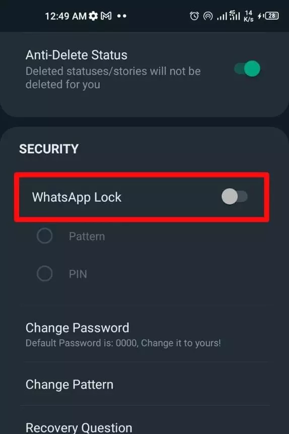 To Unlock GB WhatsApp, Disable the “WhatsApp Lock” option