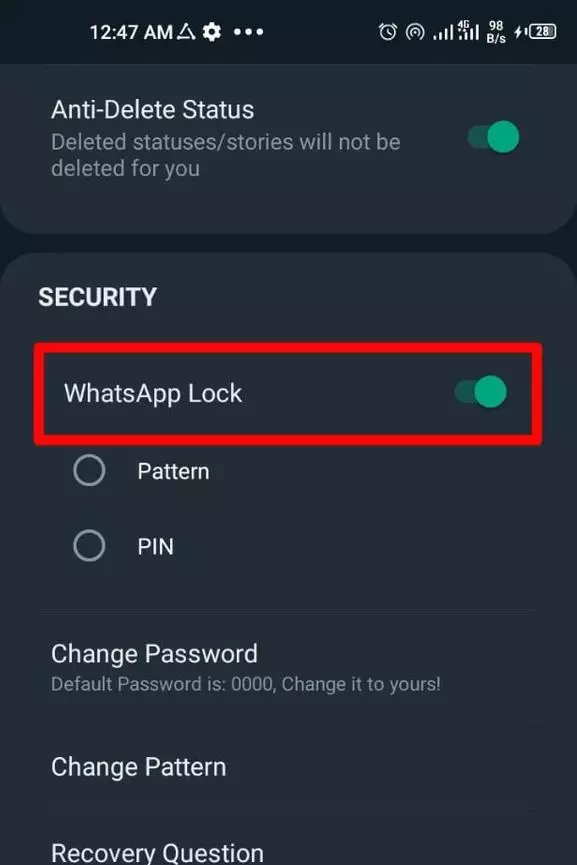 Enable the “WhatsApp Lock” and choose a “Pattern” or “Pin”