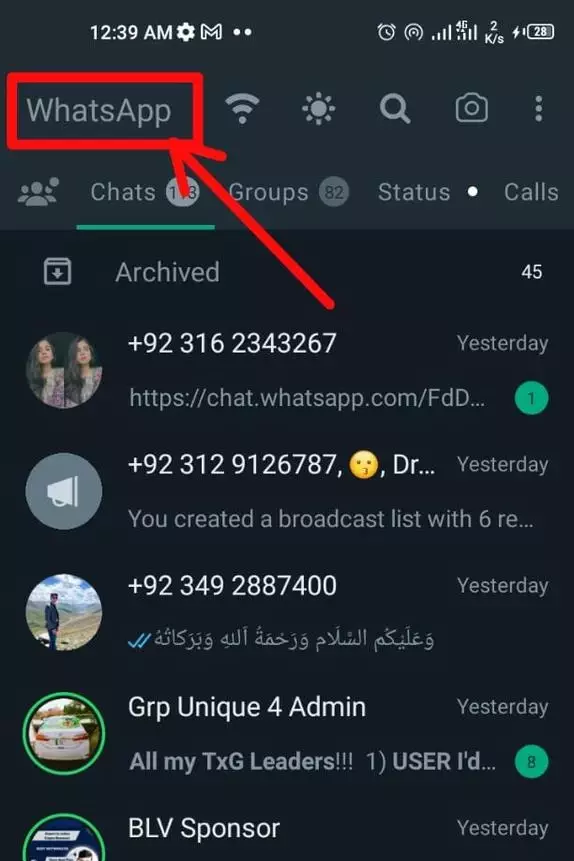 To open your hided chat click on the “WhatsApp” option which appears in the top bar