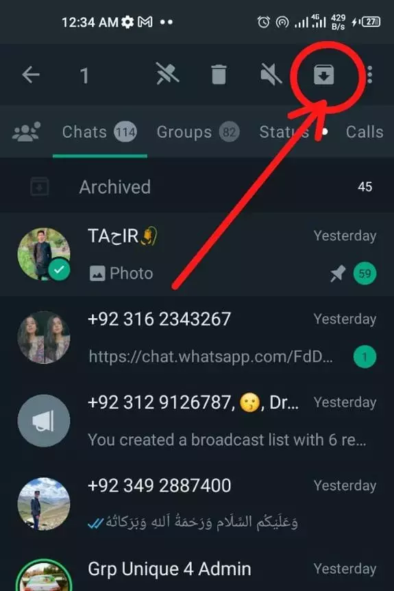 Hold the specific contact or groups which you want to hide. Then click on the “archived” option which appears in the top right corner