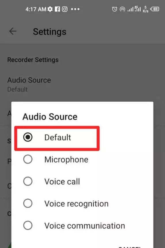 After that, click on the “Setting” option and then click on “Audio Source” and select the “Default” option