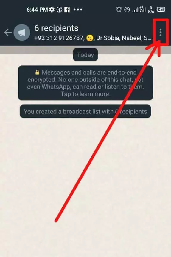Open your Broadcast list in GB WhatsApp and then tap on the “Broadcast list info” option