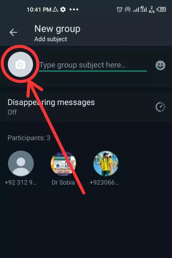After this, give the group name by typing on “Type group subject here…” then click on the “camera icon” and set a group pic