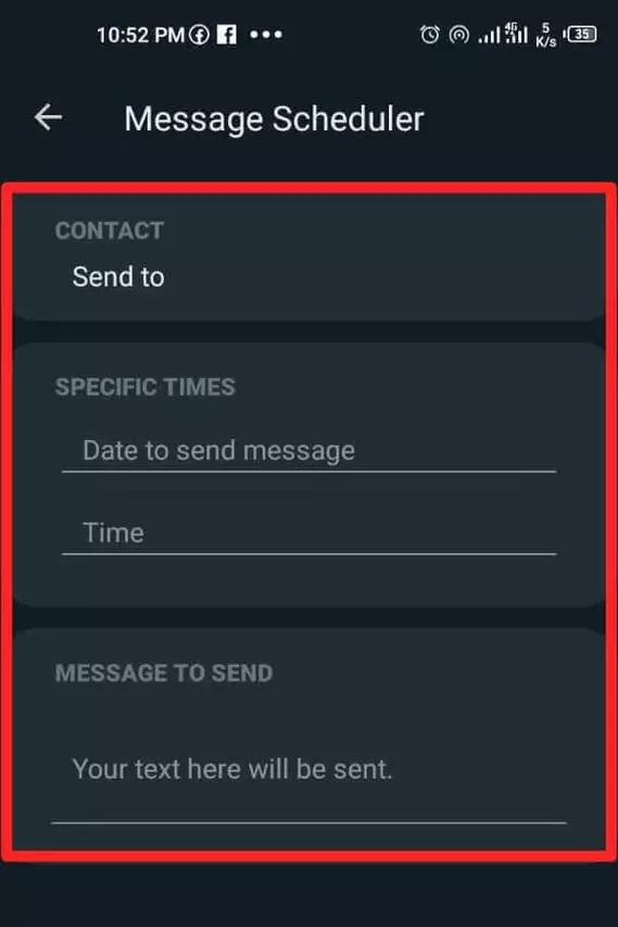 Select the contact to which you want to send a message, set specific dates and times input your text and then click on ‘OK” shown in the bottom right corner.