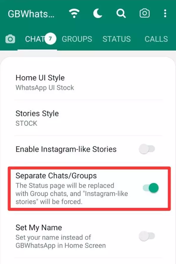 In the last Enable the "Separate Chats/Groups" Option