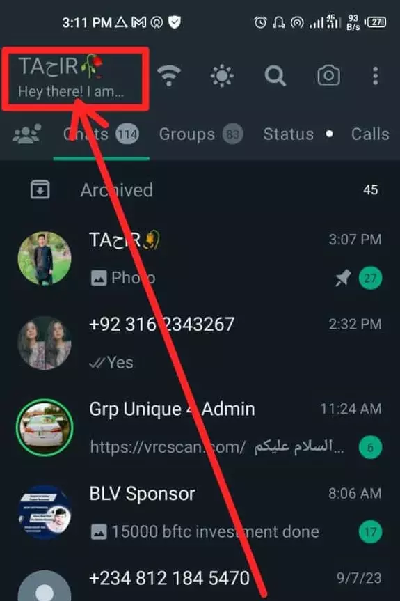 Now restart your WhatsApp, your name will be shown on the header